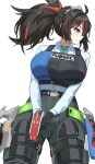  1girl ahoge black_hair breasts checkered_necktie collared_shirt cowboy_shot fahufahu gun hairband high-waist_pants highres holding holding_gun holding_weapon large_breasts long_sleeves metal_hairband multicolored_hair necktie orange_eyes pants police police_uniform policewoman ponytail red_streaks shirt streaked_hair tight_clothes tight_pants weapon white_shirt zenless_zone_zero zhu_yuan 