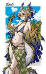 1girl arknights bikini black_bikini blonde_hair blue_hair bracelet breasts dragon_horns dragon_tail floral_print furauji grey_eyes halterneck horns jewelry long_hair multi-strapped_bikini_bottom multicolored_hair sarong shu_(arknights) side-tie_bikini_bottom skirt small_breasts solo standing string_bikini swimsuit tail very_long_hair white_hair yellow_skirt 