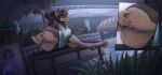 4_toes anthro bench bodily_fluids bottomwear bottomwear_down breasts butt canid canine canis clothed clothing digital_media_(artwork) dobermann domestic_dog dripping feet female fingers fur genital_fluids genitals hair hand_on_butt hi_res lying mammal on_side partially_clothed pawpads pinscher ponytail presenting presenting_vulva public public_exposure shorts shorts_down smile solo spread_butt spreading tail thatpotoo toes tongue tongue_out topwear vaginal_fluid_drip vaginal_fluids vulva