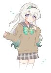  1girl black_hairband blush blush_stickers bow bowtie brown_sweater closed_mouth collared_shirt eeeeekyawaiii firefly_(honkai:_star_rail) firefly_(spring_missive)_(honkai:_star_rail) gradient_eyes gradient_hair green_bow green_bowtie green_pupils grey_hair grey_sailor_collar grey_skirt hair_between_eyes hair_intakes hairband heart highres honkai:_star_rail honkai_(series) long_hair multicolored_eyes multicolored_hair pleated_skirt sailor_collar shirt simple_background skirt smile solo sweater thighhighs white_background white_shirt white_thighhighs 