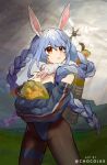  1girl alternate_costume animal_ears backpack bag bare_shoulders blue_hair blue_leotard blue_sky box braid breasts carrot carrot_hair_ornament chocojax cleavage clothing_request death_stranding death_stranding_2:_on_the_beach detached_sleeves don-chan_(usada_pekora) food-themed_hair_ornament fur_scarf grasslands hair_ornament highres hill hololive leotard looking_up orange_eyes pekomon_(usada_pekora) playboy_bunny rabbit_ears short_eyebrows sky strapless strapless_leotard thigh_strap twin_braids usada_pekora virtual_youtuber 