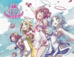  4girls absurdres amatsuka_patako angel angel_and_devil anniversary artist_request blonde_hair blue_eyes blue_hair blue_sky blush breasts cloud demon_girl demon_horns dress ekoro_(galgun) falling_petals gal_gun_(series) hair_ornament hairclip halo happy highres horns jumping kurona_(galgun) long_hair looking_to_the_side medium_breasts multiple_girls multiple_persona necktie official_art open_mouth outdoors petals red_eyes red_hair risu_(galgun) scan short_hair sky sleeveless sleeveless_dress small_breasts wrist_cuffs 