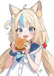  1girl animal_ear_fluff animal_ears blonde_hair blue_eyes blue_hair bubblegumiiarts burger cat_ears dress food highres holding holding_burger holding_food indie_virtual_youtuber long_hair low_twintails multicolored_hair sameko_saba sleeveless sleeveless_dress smile solo streaked_hair twintails very_long_hair virtual_youtuber white_dress 