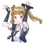  1girl arms_up black_jacket black_necktie brown_hair center-flap_bangs closed_mouth collared_shirt commentary dress_shirt elbow_gloves fingerless_gloves floating_neckwear gloves hair_ornament highres holding holding_microphone i_do_me!_(love_live!) jacket kachimachi_kosuzu link!_like!_love_live! looking_at_viewer love_live! microphone necktie official_alternate_costume official_alternate_hairstyle open_clothes open_jacket shirt short-sleeved_jacket short_sleeves simple_background smile solo split_mouth symbol-only_commentary twintails upper_body virtual_youtuber white_background white_shirt x_hair_ornament zangemiya 