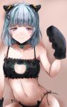  1girl absurdres admi_(nikke) ahoge alternate_costume animal_ears animal_hands bell black_bra black_choker black_panties blunt_bangs blush bra breasts brown_background c-wing cat_cutout cat_ear_panties cat_ears cat_lingerie choker closed_mouth clothing_cutout collarbone embarrassed frilled_bra frills furrowed_brow gloves goddess_of_victory:_nikke green_hair grey_hair groin hair_ornament hand_up headgear highres looking_at_viewer multicolored_hair navel neck_bell panties paw_gloves pink_eyes side-tie_panties simple_background sitting small_breasts solo streaked_hair underwear 