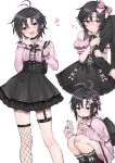  1boy 1girl absurdres aburi-gatana antenna_hair backpack bag bandaid bandaid_on_knee bandaid_on_leg black_bag black_choker black_eyes black_hair black_skirt blush bow cellphone choker drinking earrings grin hair_between_eyes hair_bow hair_ornament hairclip heart heart-shaped_pupils hetero high-waist_skirt highres holding holding_another&#039;s_arm holding_phone idolmaster idolmaster_(classic) jewelry jirai_kei kikuchi_makoto long_sleeves looking_at_viewer mask mask_pull mouth_mask multiple_views open_mouth phone pink_bow pink_shirt shirt short_hair simple_background single_fishnet_legwear single_thighhigh skirt smartphone smile squatting standing symbol-shaped_pupils thigh_strap thighhighs white_background 