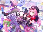 1girl absurdres bare_shoulders black_hat black_shoes black_skirt black_thighhighs blush bow bowtie box brown_shirt buttons center_frills commentary detached_sleeves eyewear_on_head falling_money frills gem green_eyes green_gemstone gun hair_ornament hairclip hanako_nana handgun hands_up hat hayo_(dydgk6664) high-waist_skirt highres holding holding_box holding_megaphone holster in_shopping_cart indoors knife_sheath lens_flare looking_at_viewer megaphone money nail_polish paint_on_clothes parallel_hairclips peto_(hanako_nana) pink_hair pink_nails pushing_cart red_bow red_bowtie red_trim sheath shirt shirt_tucked_in shoes shop shopping_cart single_thighhigh sitting skirt solo sparkle stellive stuffed_toy symbol-only_commentary thigh_holster thigh_strap thighhighs thighs tile_floor tiles virtual_youtuber weapon x_hair_ornament 