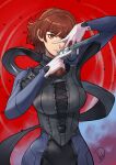  1girl absurdres black_bodysuit bodysuit breasts brown_eyes brown_hair cowboy_shot deliciousbrain gun highres holding holding_gun holding_weapon large_breasts niijima_makoto persona persona_5 red_background short_hair simple_background trigger_discipline weapon 