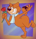 2025 3_toes anthro artist_name barefoot black_eyes black_nose black_tail brown_body brown_ears brown_fur brown_tail butt curvy_figure digital_media_(artwork) domestic_cat fancy-fancy_(top_cat) feet felid feline felis flower fur gavanzude grey_scarf hanna-barbera hi_res holding_flower holding_object holding_rose looking_at_viewer male mammal multicolored_body multicolored_fur plant pose raised_leg romantic rose_(flower) scarf smile solo tail tan_body tan_fur teeth text three-quarter_view toes top_cat_(series) two_tone_body two_tone_fur two_tone_tail whiskers wide_hips