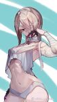  1girl a.k.i._(street_fighter) absurdres akisa_yositake albino artist_name bandage_over_one_eye bandaged_arm bandaged_head bandaged_neck bandages bikini breasts claw_(weapon) claw_ring commentary_request finger_to_mouth grey_bikini grey_hair highres looking_at_viewer mole mole_under_mouth navel official_alternate_costume official_alternate_hairstyle pale_skin red_eyes solo stomach street_fighter street_fighter_6 swimsuit thighs twitter_username weapon 
