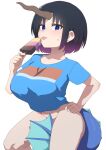  1girl between_legs black_hair blue_eyes blue_shirt blush bottomless breasts brown_horns closed_mouth commentary_request cowboy_shot elma_(maidragon) food fuka_(kantoku) gradient_hair hand_on_own_hip highres horns kobayashi-san_chi_no_maidragon large_breasts looking_at_viewer multicolored_hair popsicle purple_hair shirt short_hair short_sleeves simple_background single_horn solo tail tail_between_legs tongue tongue_out white_background 