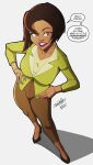  1girl black_shoes breasts brown_eyes brown_hair brown_pants dark-skinned_female dark_skin dated english_text green_jacket high_heels highres jacket large_breasts looking_at_viewer pants shoes short_hair signature simple_background solo speech_bubble standing swain_(artist) the_proud_family trudy_proud white_background 