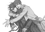  2boys :d :| \||/ arm_around_neck black_coat black_eyes black_hair claw_pose closed_mouth coat curtained_hair expressionless greyscale grin hug hug_from_behind implied_yaoi messy_hair monochrome multiple_boys omniscient_reader&#039;s_viewpoint outstretched_arms raya_(000_unseen) short_hair smile tackle upper_body white_background yellow_coat 