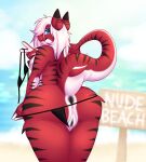 anthro breasts butt clothing female fish fur genitals hair hexhaunt hi_res looking_at_viewer marine nipples nude nude_beach red_body red_fur reeila_sharqua_(bigpizzaaaaaaah) requiem_shark shark smile smiling_at_viewer solo tail tiger_shark vulva white_body