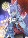  1girl aerial_fireworks ahoge blue_eyes collared_shirt commentary_request cone_hair_bun crossed_legs feet_out_of_frame fireworks fox_shadow_puppet fox_tail hair_bun hair_ornament hair_rings hayo_(dydgk6664) heterochromia highres japanese_clothes korean_commentary long_hair looking_at_viewer multicolored_hair night open_mouth pom_pom_(clothes) pom_pom_hair_ornament purple_hair red_skirt shirt shorts shorts_under_skirt sitting skirt smile solo stellive streaked_hair striped_clothes striped_thighhighs tail tenko_shibuki thighhighs very_long_hair virtual_youtuber white_shirt wide_sleeves yellow_eyes 