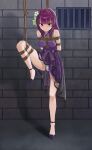  1girl absurdres alternate_costume alternate_hairstyle angel_beats! arms_behind_back bare_shoulders barred_window bdsm blunt_bangs blush bondage bound bound_arms bound_legs bow braid breasts cap_(user_dxfj5558) chinese_commentary closed_mouth collared_dress commentary_request crown_braid dress dress_bow embarrassed flower formal_clothes full_body furrowed_brow green_bow green_eyes hair_bow hair_flower hair_ornament high_heels highres indoors looking_at_viewer medium_breasts medium_dress medium_hair nakamura_yuri no_socks nose_blush purple_bow purple_dress purple_hair purple_shoes shibari shoes sleeveless sleeveless_dress solo standing standing_on_one_leg straight_hair thighs tsurime white_flower window 