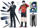  2boys axe ball black_hair black_jacket black_mask black_necktie blue_lock character_name chubbee2412 closed_mouth collared_shirt cosplay costume_switch formal_clothes gloves gun highres holding holding_ball isagi_yoichi jacket library_of_ruina long_sleeves mace male_focus mask multiple_boys multiple_weapons necktie pants polearm project_moon reference_inset roland_(project_moon) roland_(project_moon)_(cosplay) scratching_neck shirt short_hair shorts silhouette simple_background soccer_ball soccer_uniform spear sportswear sword twitter_username weapon white_background white_shirt 