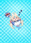  1girl :3 =_= ahoge animal_ear_fluff animal_ears blonde_hair blue_background blue_hair cat_ears checkered_background chibi chibi_only commentary crab dress drink english_commentary fang fins fish_girl fish_tail highres holding holding_drink indie_virtual_youtuber itspeachypocky lifebuoy_hair_ornament long_hair low_twintails lying multicolored_hair on_back open_mouth optical_illusion outstretched_arms sameko_saba sleeping smile solo spread_arms streaked_hair sunglasses swim_ring tail twintails very_long_hair virtual_youtuber white_dress zzz 