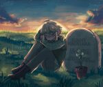  1boy alternate_costume artist_name basil_(faraway)_(omori) basil_(omori) blonde_hair boots brown_boots brown_pants collared_shirt crying egret_orchid flower_pot green_sweater_vest highres lace-up_boots male_focus omori outdoors pants plant potted_plant shirt short_hair shxro524 sitting solo sunset sweater_vest tombstone watermark 