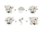  1girl animal_ears arknights closed_eyes closed_mouth cloud equal_sign grey_hair hair_dryer hair_ornament hairclip highres lappland_(arknights) one_eye_closed parallel_hairclips plus_sign seri_(vyrlw) simple_background white_background wolf_ears wolf_girl 