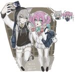  2girls absurdres alternate_costume animal_ear_fluff animal_ears aqua_bow aqua_bowtie aqua_eyes aqua_hair black_hood black_shoes blue_eyes bow bowtie cat_ears cat_girl cat_tail character_charm charm_(object) chibi cipher_(honkai:_star_rail) double_v drill_hair grey_hair grey_jacket grey_skirt highres holding holding_phone honkai:_star_rail honkai_(series) hyacine_(honkai:_star_rail) jacket little_ica_(honkai:_star_rail) medium_hair miniskirt multiple_girls naruse_azusa necktie pantyhose phone pink_hair selfie shoes short_hair_with_long_locks skirt tail thighhighs translation_request twin_drills twintails v vest white_pantyhose white_thighhighs white_vest yellow_necktie 