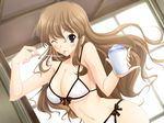  1girl artist_request bikini blue_eyes blush breasts brown_hair cleavage food game_cg ice_cream kanae_riho koi_to_mizugi_to_taiyo_to large_breasts long_hair one_eye_closed pov shaved_ice solo string_bikini swimsuit teasing tongue window wink 