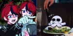  3boys animalization aotsuki_eito armband black_streaks blue_eyes dual_persona eyeliner gakuran gloves jacket last_defense_academy_school_uniform looking_at_another makeup male_focus meme multicolored_hair multiple_boys octopus photo_background pointing red_eyeliner red_hair rice_(somasuki_77) school_uniform short_hair sound_effects streaked_hair sumino_takumi sunglasses sweatdrop the_hundred_line_-last_defense_academy- white_armband white_gloves woman_yelling_at_cat_(meme) 