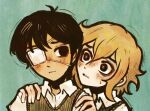  2boys alternate_eye_color antenna_hair basil_(faraway)_(omori) basil_(omori) black_eyes black_hair black_sweater_vest blonde_hair closed_mouth collared_shirt eyepatch green_sweater_vest hands_on_another&#039;s_shoulders highres looking_at_another male_focus multiple_boys omori ottie_pops parted_lips shirt short_hair short_sleeves spoilers sunny_(omori) sweat sweater_vest white_shirt 
