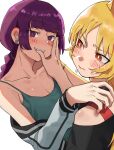  2girls anger_vein black_shirt blonde_hair blush bocchi_the_rock! closed_mouth commentary dress earrings finger_in_another&#039;s_mouth green_dress hand_on_another&#039;s_shoulder highres hiroi_kikuri ijichi_seika jacket jewelry multiple_girls off-shoulder_shirt off_shoulder purple_eyes purple_hair red_eyes ringed_eyes sharp_teeth shirt simple_background strap_slip stud_earrings sweatdrop takao_(88499191) teeth white_background white_jacket yuri 