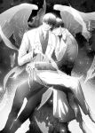  2boys ashes black_coat black_hair black_skirt burning burning_paper coat collared_shirt crossed_legs feathered_wings full_body greyscale hand_on_another&#039;s_neck head_on_another&#039;s_shoulder head_tilt highres implied_yaoi kim_dokja leaning_on_person light_particles looking_at_viewer male_focus monochrome multiple_boys omniscient_reader&#039;s_viewpoint outstretched_hand paper plant_roots podium raya_(000_unseen) scar scar_across_eye scar_on_face shirt short_hair sitting sitting_on_lap sitting_on_object sitting_on_person skirt smile transparent_wings white_coat wings yoo_joonghyuk 