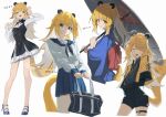  1girl :d absurdres alternate_costume animal_ears bag bell black_neckerchief black_shorts blonde_hair blue_kimono blue_sailor_collar blue_shoes blue_skirt bow breasts cleavage commentary_request dated facing_viewer green_eyes grey_shirt high_heels highres holding holding_bag holding_umbrella jacket japanese_clothes jewelry jingle_bell ju_fufu kimono long_hair looking_at_viewer lupinu5 midriff_peek multiple_views neckerchief necklace open_mouth pleated_skirt sailor_collar school_bag school_uniform serafuku shirt shoes shorts simple_background skirt smile striped_hair tail tail_bow tail_ornament thigh_strap tiger_ears tiger_girl tiger_stripes tiger_tail umbrella white_background white_shirt wide_sleeves yellow_jacket zenless_zone_zero 