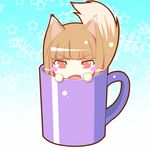  animal_ears brown_hair cup fang holo horo mug spice_and_wolf tail 