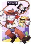  2boys anger_vein ant_tenna belt black_jacket blue_pants blush_stickers border bound brown_hat brown_vest cactus censored_profanity chaps colored_skin cowboy_hat crt deltarune fire gloves hat highres holding holding_rope jacket male_focus multiple_boys object_head oimo64 outside_border pants pointy_nose red_scarf rope scarf shirt size_difference sky spamton_g._spamton speech_bubble star_(symbol) tied_up_(nonsexual) v vest white_border white_gloves white_shirt white_skin 