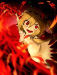  1girl :d absurdres ascot blonde_hair crystal fafafaaa0305 fang fangs fire flandre_scarlet glowing hair_between_eyes hat hat_ribbon highres laevatein_(touhou) looking_at_viewer mob_cap open_mouth reaching reaching_towards_viewer red_eyes red_nails ribbon shirt short_hair short_sleeves side_ponytail smile solo teeth touhou upper_body wings yellow_ascot 