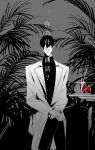  1boy benkdjjituibot black_hair black_shirt censored censored_by_text coat collared_shirt covering_face crossed_legs double-parted_bangs fern food fruit glint grey_background greyscale hair_between_eyes hands_on_own_knees head_tilt highres knife looking_at_viewer male_focus monochrome omniscient_reader&#039;s_viewpoint plate pomegranate shirt sitting solo spot_color upper_body white_coat 