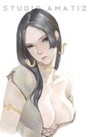  amatiz amazon areola_slip areolae bad_id bad_pixiv_id black_hair boa_hancock bracelet breasts brown_eyes choker cleavage collarbone earrings jewelry large_breasts lips long_hair one_piece simple_background solo 
