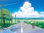  amemura_(caramelo) bicycle bicycle_basket bird blonde_hair blue_sky cloud condensation_trail day field grass ground_vehicle kagamine_len landscape male_focus outdoors pavement perspective power_lines puddle raglan_sleeves reflection road rural sandals scenery shirt shorts sky solo t-shirt telephone_pole tree vanishing_point vocaloid walking water wide_shot 
