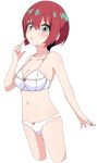  1girl aikawa_ryou amate_yuzuriha bare_arms bare_shoulders blue_eyes blush bow bow_bra bow_panties bra breasts cleavage collarbone commentary_request cropped_legs finger_to_cheek gundam gundam_gquuuuuux hair_between_eyes hand_up highres looking_at_viewer medium_breasts panties parted_lips red_hair short_hair simple_background solo underwear underwear_only white_background white_bra white_panties 