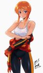 1girl absurdres armpit_crease artist_name ass_visible_through_thighs bare_shoulders blush bodysuit breasts camisole cleavage closed_mouth collarbone commentary cowboy_shot dated gloves gundam gundam_zz hair_between_eyes heart highres long_sidelocks looking_at_viewer mecha mecha_pilot_suit multicolored_bodysuit normal_suit_(gundam) orange_hair partially_undressed pilot purple_eyes puru_two red_bodysuit robot see-through_clothes shirt short_hair sidelocks signature simple_background skin_tight small_breasts solo standing suit sweat symbol-only_commentary white_background yoo_tenchi 