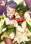  1girl absurdres alternate_costume black_hair blue_eyes blush bow bowtie breasts commentary_request detached_collar eyelashes falling_petals hair_ornament hairclip heads_together highres holding_hands liko_(pokemon) meowscarada one_eye_closed open_mouth petals pokemon pokemon_(anime) pokemon_(creature) pokemon_horizons red_bow red_bowtie sidelocks sparkle spotlight suzushiro_(gripen39) 