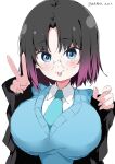  1girl absurdres black_hair black_shirt blazer blue_eyes blue_necktie blue_sweater breasts closed_mouth collared_shirt cropped_torso elma_(maidragon) glasses highres jacket kobayashi-san_chi_no_maidragon long_sleeves looking_at_viewer medium_hair multicolored_hair necktie purple_hair round_eyewear shirt simple_background smile solo sweater sweater_vest tongue tongue_out v white_background white_gorilla_(okamoto) white_shirt 