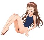  :d a1 ass bangs barefoot blush body_blush bow brown_eyes brown_hair covered_nipples disembodied_penis feet flat_chest footjob full_body hair_bow hairband happy_sex hetero highres idolmaster idolmaster_(classic) leaning_back legs legs_up long_hair minase_iori navel one-piece_swimsuit open_mouth penis profile reclining school_swimsuit simple_background sitting smile solo swimsuit uncensored wet white_background 