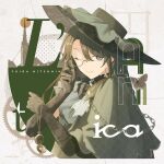  1girl absurdres adjusting_eyewear black_hair blue_eyes bridal_gauntlets bug butterfly capelet chain character_name gloves gold_chain green_hat hat highres idolmaster idolmaster_shiny_colors lace lace_gloves lace_trim long_hair mitsumine_yuika monocle odecono3 pocket_watch solo watch wide_brim 