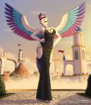 absurd_res anthro artist_logo artist_name big_breasts black_clothing black_dress blue_eyes blue_hair breasts building castle clearvision clothed clothing cloud cobblestone colored_nails cutie_mark door dress equid equine exposed_thighs eyebrows feathers female fetlocks fingernails flag flag_(object) fur grass grey_fingernails grey_hooves grey_nails hair hands_on_hips hands_on_own_hips hasbro hi_res hollow_hip_backless_chain_dress hooves horse jewelry lips lipstick logo makeup mammal mlp_g5 mountain multicolored_body multicolored_feathers multicolored_hair multicolored_tail my_little_pony mythological_creature mythological_equine mythology nails narrowed_eyes neck_jewelry necklace neckwear pathway pegasus pink_eyebrows pink_hair pink_lips pink_lipstick plant pony shrub signature smile smiling_at_viewer solo spread_wings sunset tail teeth text tree white_body white_fur window wings zipp_storm_(mlp)
