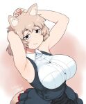  1girl animal_ears armpits arms_up black_eyes blush breasts brown_background buttons collared_shirt dated dog_ears dog_girl dog_tail dress frilled_dress frills large_breasts layered_dress looking_at_viewer looking_up medium_hair original shirt signature simple_background sleeveless sleeveless_dress sleeveless_shirt smile tail tsukudani-chan tsukudani_(coke-buta) underbust virgin_killer_outfit white_background white_shirt 
