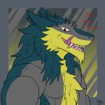 1:1 abs anthro biceps bodily_fluids brom_(sahurus) drooling fangs fir3dragon0113 fur grabbing_viewer green_body green_fur grey_body grey_fur hi_res imminent_vore licking licking_lips male muscular pecs red_eyes saliva sergal smile smiling_at_viewer smirk smirking_at_viewer solo teeth text tongue tongue_out tuft vore yellow_body yellow_fur