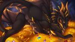 16:9 anus black_body black_scales butt claws dragon female feral hi_res kuribon looking_at_viewer mythological_creature mythological_scalie mythology presenting presenting_hindquarters presenting_vulva scales scalie solo ventral_scales widescreen yellow_anus yellow_claws yellow_eyes yellow_vulva