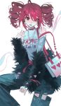  1girl blush drill_hair earrings hashtag-only_commentary heart heart_earrings highres jewelry kasane_teto looking_at_viewer lower_teeth_only madoka066 number_tattoo open_mouth red_eyes red_hair red_nails ring shirt sitting solo tattoo teeth twin_drills utau white_background white_shirt 