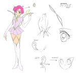  1990s_(style) 1girl adapted_costume ahoge animification aqua_eyes arrow_(symbol) asymmetrical_bangs back_bow bad_id bad_twitter_id bishoujo_senshi_sailor_moon boots bow closed_mouth collared_jacket commentary copyright_name dot_nose earrings elbow_gloves english_commentary eyelashes fairy fairy_wings faux_retro_artstyle fingerless_gloves flat_color forehead_jewel full_body gem gloves green_bow green_gemstone green_wings hand_up headset high_collar high_heel_boots high_heels highres honeymoonpetal jacket jewelry long_sleeves magical_girl miniskirt notice_lines parody partially_colored pink_hair pleated_skirt purple_jacket purple_skirt reference_sheet retro_artstyle short_hair simple_background skirt skirt_set smile stud_earrings style_parody tareme tecna_(winx_club) thigh_boots white_background white_boots white_gloves wings winx_club 