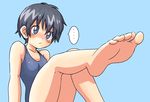  1girl barefoot blue_eyes blue_hair blush face feet foreshortening leg_up legs original oyatsu_(mk2) pov_feet short_hair simple_background soles solo swimsuit toes 